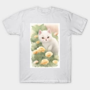 White Cat in the Flower Garden Soft Pastel Colours T-Shirt